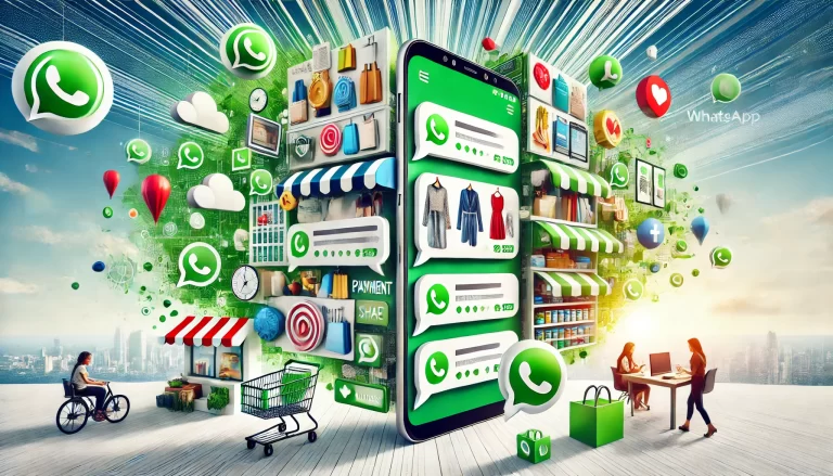 A-conceptual illustration of WhatsApp transformed into a vibrant online marketplace.