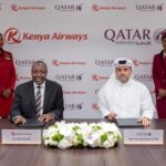 Kenya Airways CEO Allan Kilavuka and Qatar Airways Group CEO Badr Mohammed Al-Meer